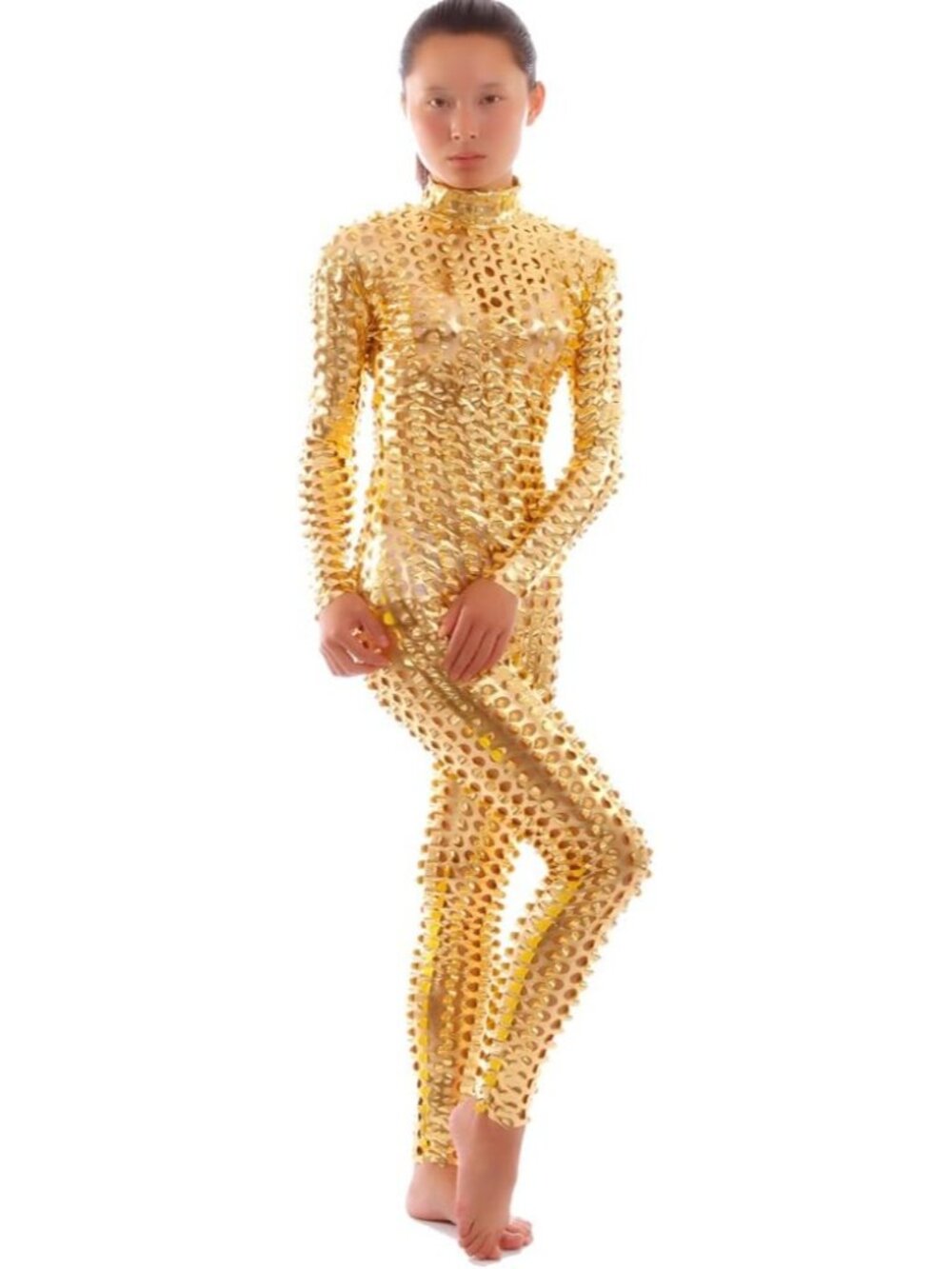 Unisex Gold Hollow-Carved Mesh Shiny Dancewear Catsuit Classic Bodycon Jumpsuit